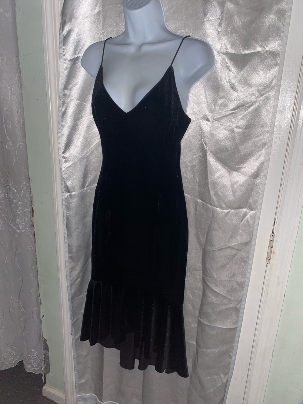 VTG 90’s Necessary Objects Black Velvet Midi Slip Dress with Fluted Hem